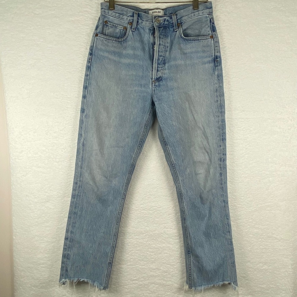 Agolde Riley High Rise Straight Leg Jeans Light‎ Wash Raw Hem Button Fly Size 27